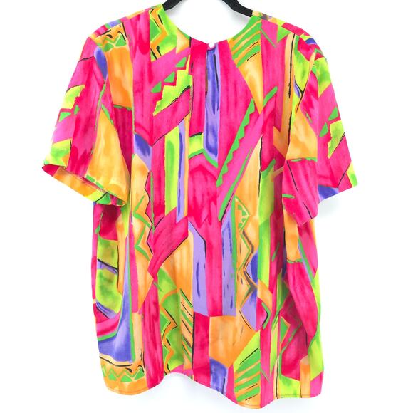 Susan Graver Vintage 80/90s Corlorful Pop Fluorescent Geometric Pattern Blouse L - Picture 9 of 13